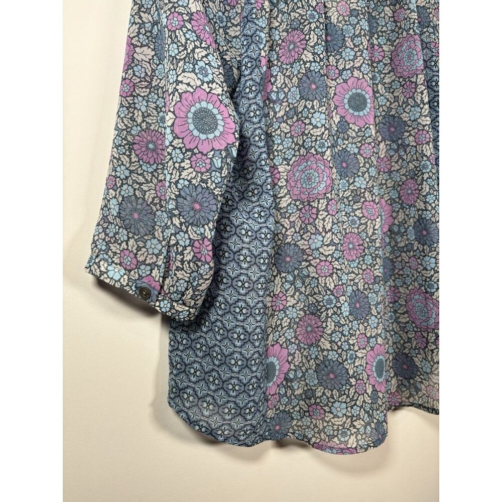 J. JILL Floral Sheer 3/4 Sleeve Blouse Blue Tie Size Medium Boho Cottagecore‎ - Picture 5 of 8